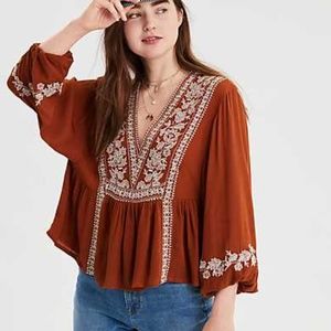 NWT AE Long Sleeve Boho Embroidered Rust Top